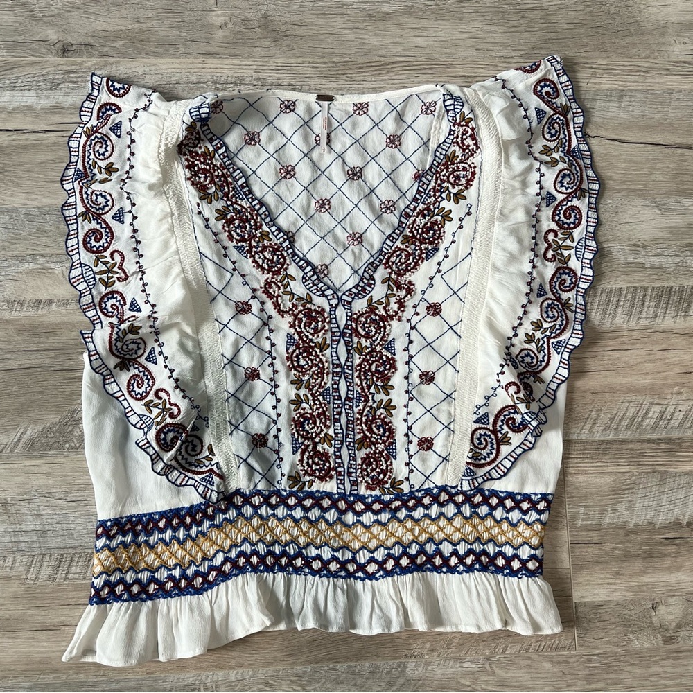 Free People White Holland Park Embroidered Boho Beaded Women's Blouse Sz Small - Picture 2 of 8